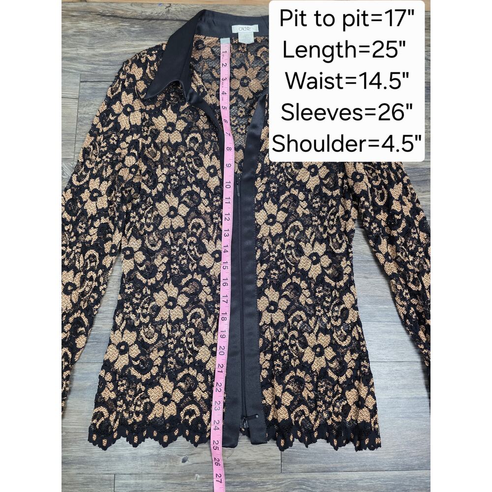 Vtg Cache Black Gold Metallic Floral Lace Zip Front Top Cardigan L EUC USA - Picture 9 of 10